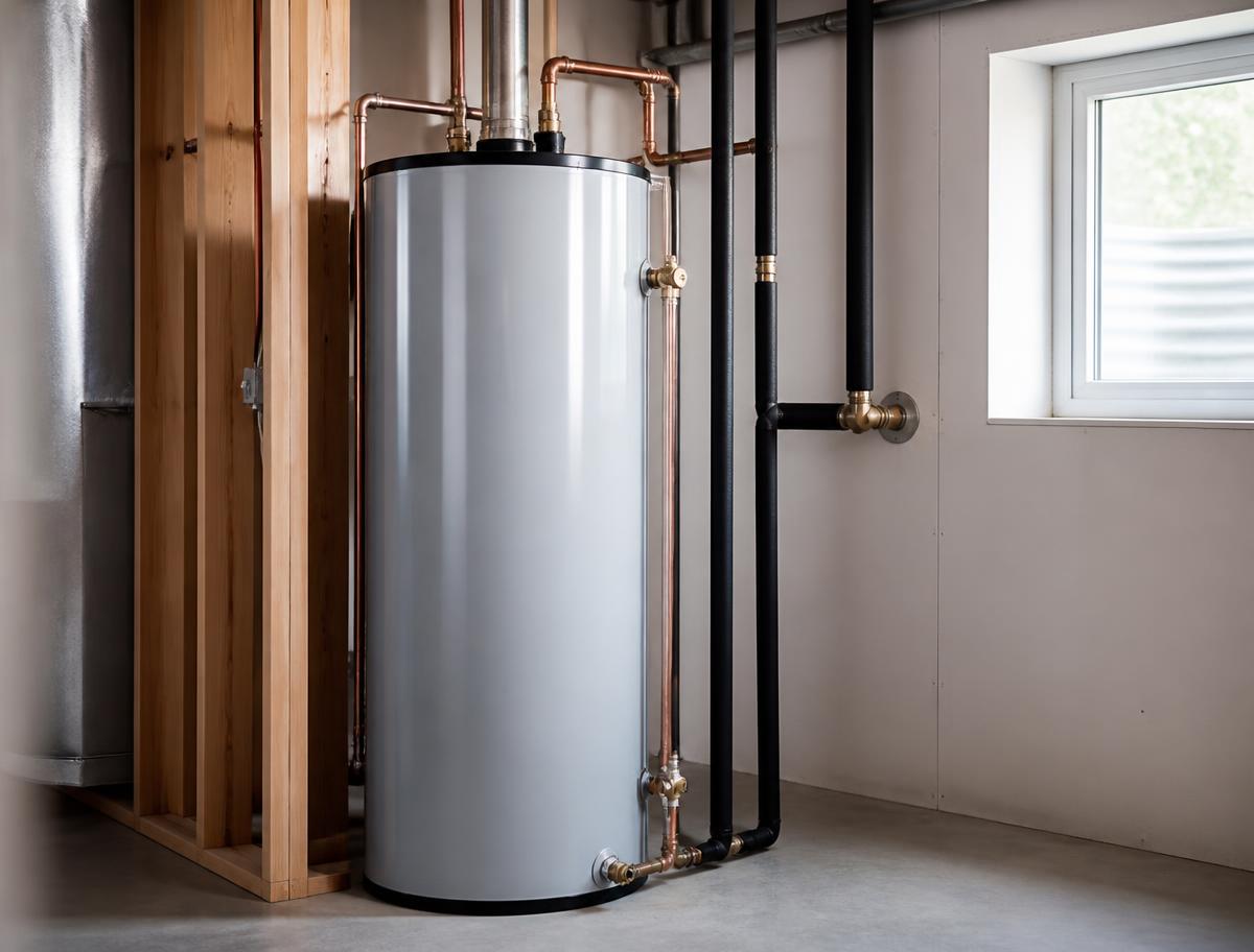 Demo photograph illustrating basement water heater replacement